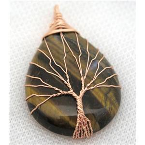 Tiger Eye Stone Teardrop Pendant Tree Of Life Wire Wrapped Rose Gold, approx 30x40mm