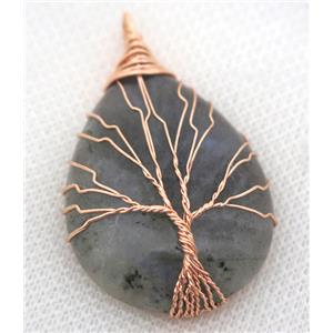 Labradorite Teardrop Pendant Tree Of Life Wire Wrapped Rose Gold, approx 30x40mm