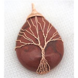Red Jasper Teardrop Pendant Tree Of Life Wire Wrapped Rose Gold, approx 30x40mm