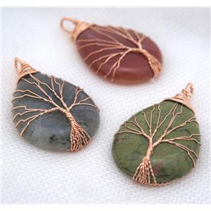 Natural Gemstone Teardrop Pendant Tree Of Life Wire Wrapped Rose Gold Mixed, approx 30x40mm