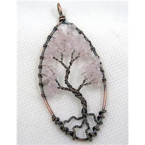 Pink Rose Quartz Chips Pendant Tree Of Life Wire Wrapped Oval Antique Red, approx 40x80mm