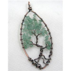 Green Aventurine Chips Pendant Tree Of Life Wire Wrapped Oval Antique Red, approx 40x80mm