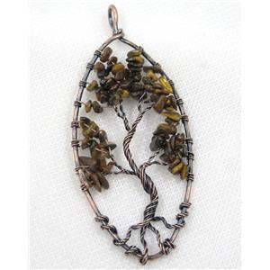 Tiger Eye Stone Chips Pendant Tree Of Life Wire Wrapped Oval Antique Red, approx 40x80mm