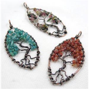 Gemstone Chips Pendant Tree Of Life Wire Wrapped Oval Antique Red Mixed, approx 40x80mm
