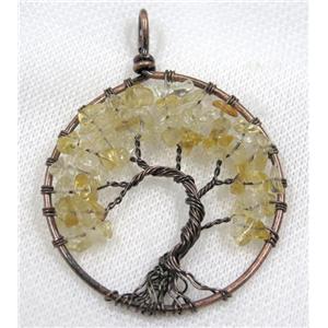Citrine Chips Pendant Tree Of Life Wire Wrapped Circle Antique Red, approx 50mm dia