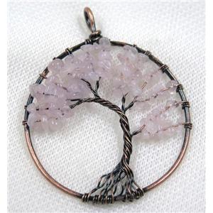 Pink Rose Quartz Chips Pendant Tree Of Life Wire Wrapped Circle Antique Red, approx 50mm dia