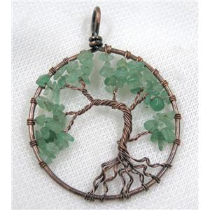 Green Aventurine Chips Pendant Tree Of Life Wire Wrapped Circle Antique Red, approx 50mm dia