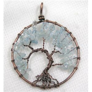 Aquamarine Chips Pendant Tree Of Life Wire Wrapped Circle Antique Red, approx 50mm dia