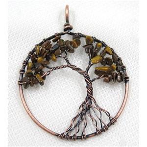 Tiger Eye Stone Chips Pendant Tree Of Life Wire Wrapped Circle Antique Red, approx 50mm dia