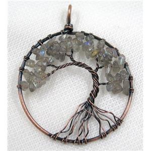Labradorite Chips Pendant Tree Of Life Wire Wrapped Circle Antique Red, approx 50mm dia