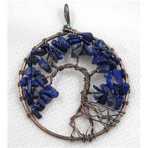 Blue Lapis Lazuli Chips Pendant Tree Of Life Wire Wrapped Circle Antique Red, approx 50mm dia