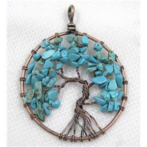 Blue Magnesite Turquoise Chips Pendant Tree Of Life Wire Wrapped Circle Antique Red, approx 50mm dia