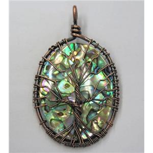 Tree of life Paua Abalone Shell pendant, oval, wire wrapped, approx 35x45mm