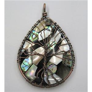 Tree of life Paua Abalone Shell pendant, teardrop, wire wrapped, approx 45x55mm
