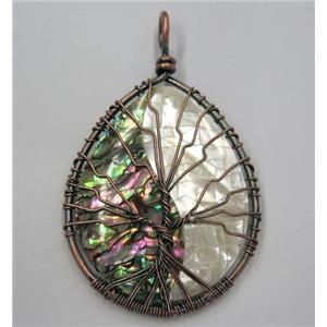 Tree of life Paua Abalone Shell pendant, teardrop, wire wrapped, approx 40x50mm