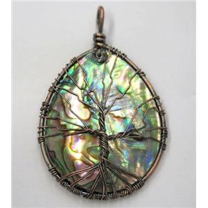 Tree of life Paua Abalone Shell pendant, teardrop, wire wrapped, approx 45x55mm