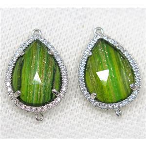 green crystal glass connector paved rhinestone, faceted teardrop, platinum plated, approx 13x18mm