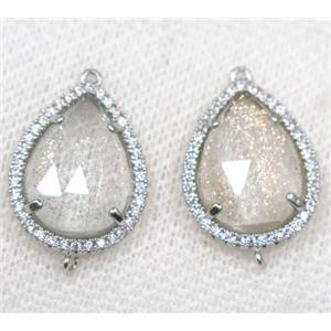 crystal glass connector paved rhinestone, faceted teardrop, platinum plated, approx 13x18mm