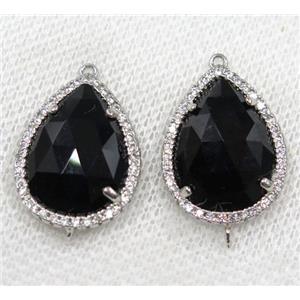 black crystal glass connector paved rhinestone, faceted teardrop, platinum plated, approx 13x18mm