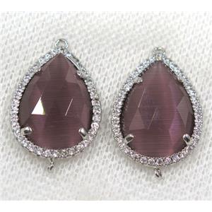 purple crystal glass connector paved rhinestone, faceted teardrop, platinum plated, approx 13x18mm