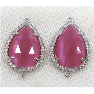 pink crystal glass connector paved rhinestone, faceted teardrop, platinum plated, approx 13x18mm