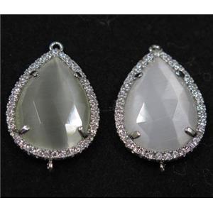 white crystal glass connector paved rhinestone, faceted teardrop, platinum plated, approx 13x18mm