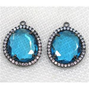 blue crystal glass pendant paved rhinestone, faceted teardrop, black plated, approx 12x14mm