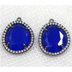 royal blue crystal glass pendant paved rhinestone, faceted teardrop, black plated, approx 12x14mm