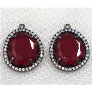 ruby crystal glass pendant paved rhinestone, faceted teardrop, black plated, approx 12x14mm