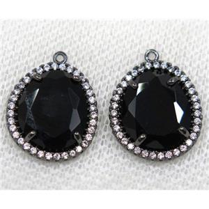 black crystal glass pendant paved rhinestone, faceted teardrop, black plated, approx 12x14mm