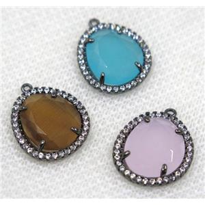 crystal glass pendant paved rhinestone, mix color, faceted teardrop, black plated, approx 12x14mm