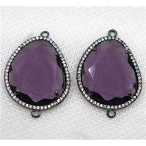 purple crystal glass connector paved rhinestone, faceted teardrop, black plated, approx 20x25mm