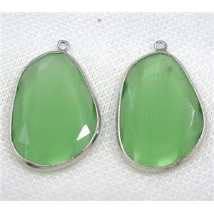 green crystal glass pendant, faceted teardrop, platinum plated, approx 23x33mm