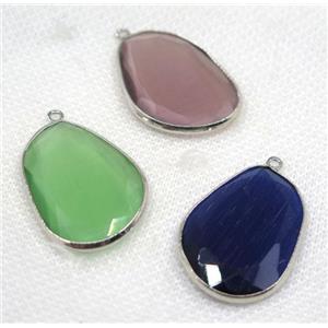 crystal glass pendant, faceted teardrop, mix color, platinum plated, approx 23x33mm