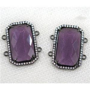 purple crystal glass connector paved rhinestone, faceted rectangle, black plated, approx 15x25mm