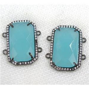 aqua crystal glass connector paved rhinestone, faceted rectangle, black plated, approx 15x25mm