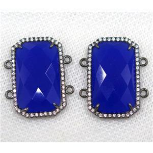 deep blue crystal glass connector paved rhinestone, faceted rectangle, black plated, approx 15x25mm