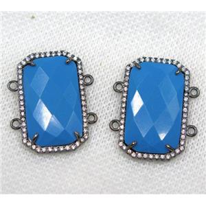 blue crystal glass connector paved rhinestone, faceted rectangle, black plated, approx 15x25mm