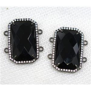 black crystal glass connector paved rhinestone, faceted rectangle, black plated, approx 15x25mm