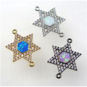 synthetic Fire Opal hexagram connector paved zircon, copper, mix color, approx 20mm dia
