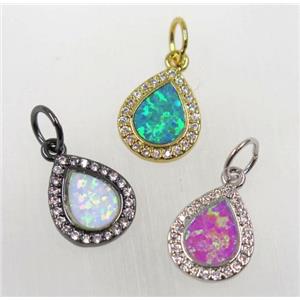 synthetic Fire Opal pendant paved zircon, copper, teardrop, mix color, approx 10x12mm