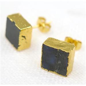 Labradorite earring stud, square, gold plated, approx 10x10mm