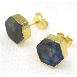 Labradorite earring stud, hexagon, gold plated, approx 10mm dia