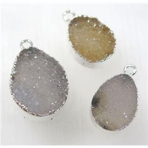 druzy agate pendant, natural color, teardrop, silver plated, approx 12x16mm