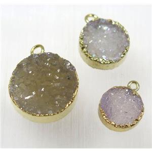 druzy agate pendant, natural color, flat round, gold plated, approx 16mm dia