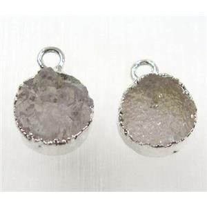 druzy agate pendant, natural color, flat round, silver plated, approx 10mm dia