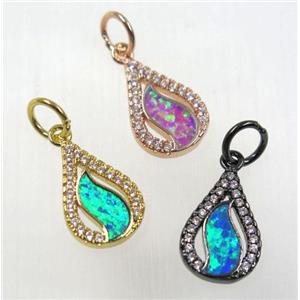 synthetic Fire Opal pendant paved zircon, teardrop, copper, mix color, approx 10x15mm