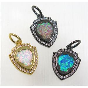 synthetic Fire Opal pendant paved zircon, copper, mix color, approx 12x14mm