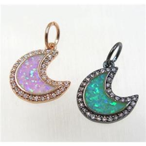 synthetic Fire Opal pendant paved zircon, crescent moon, copper, mix color, approx 12mm