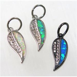 synthetic Fire Opal Leaf pendant paved zircon, copper, mix color, approx 6x13mm